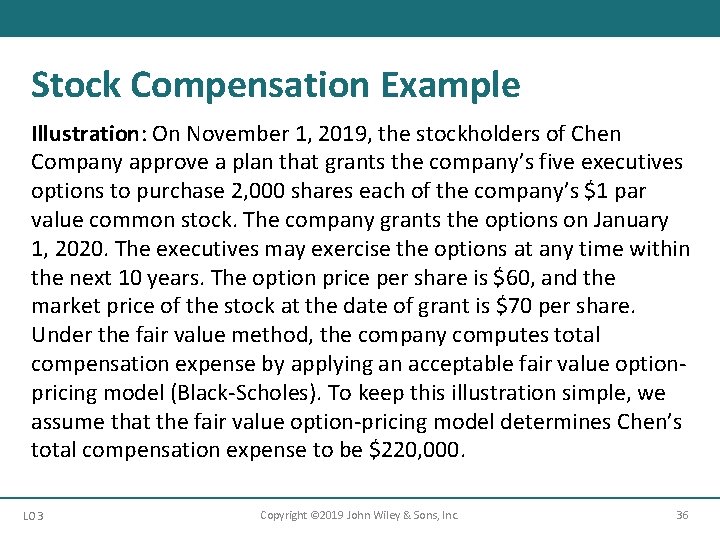 Stock Compensation Example Illustration: On November 1, 2019, the stockholders of Chen Company approve