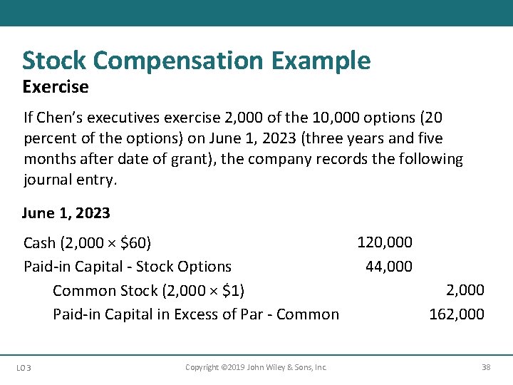 Stock Compensation Example Exercise If Chen’s executives exercise 2, 000 of the 10, 000