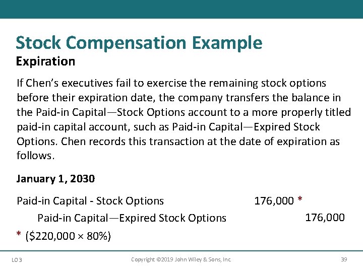 Stock Compensation Example Expiration If Chen’s executives fail to exercise the remaining stock options