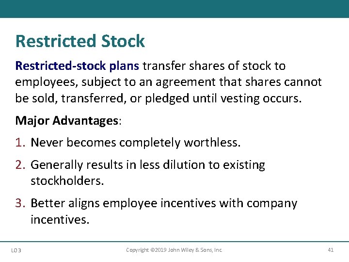 Restricted Stock Restricted-stock plans transfer shares of stock to employees, subject to an agreement