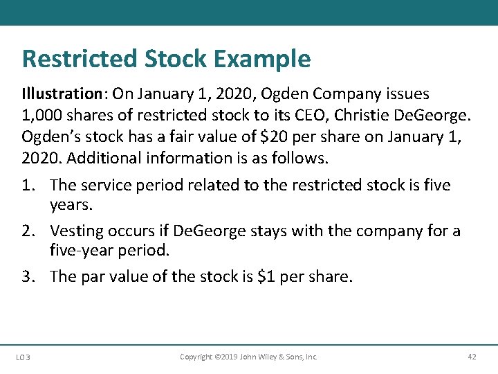 Restricted Stock Example Illustration: On January 1, 2020, Ogden Company issues 1, 000 shares