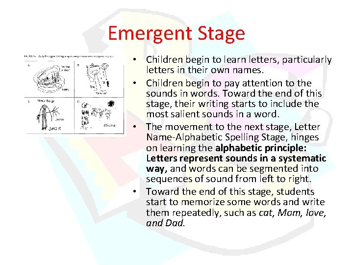 Emergent Stage • Children begin to learn letters, particularly letters in their own names. Emergent Stage • Children begin to learn letters, particularly letters in their own names.