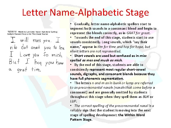 Letter Name-Alphabetic Stage • Gradually, letter name-alphabetic spellers start to segment both sounds in Letter Name-Alphabetic Stage • Gradually, letter name-alphabetic spellers start to segment both sounds in