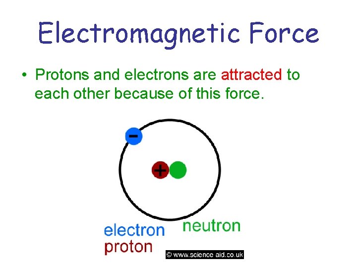 Electromagnetic Force • Protons and electrons are attracted to each other because of this Electromagnetic Force • Protons and electrons are attracted to each other because of this