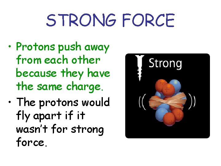 STRONG FORCE • Protons push away from each other because they have the same STRONG FORCE • Protons push away from each other because they have the same