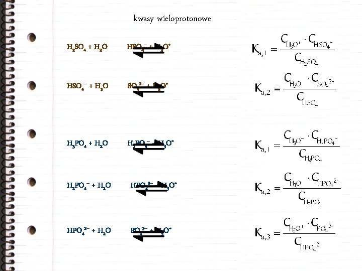 kwasy wieloprotonowe H 2 SO 4 + H 2 O HSO 4– + H