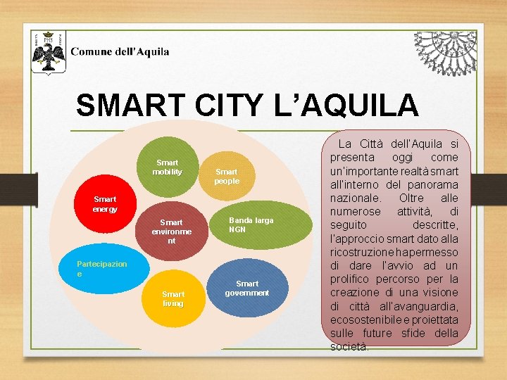 SMART CITY L’AQUILA Smart mobility Smart people Smart energy Smart environme nt Banda larga