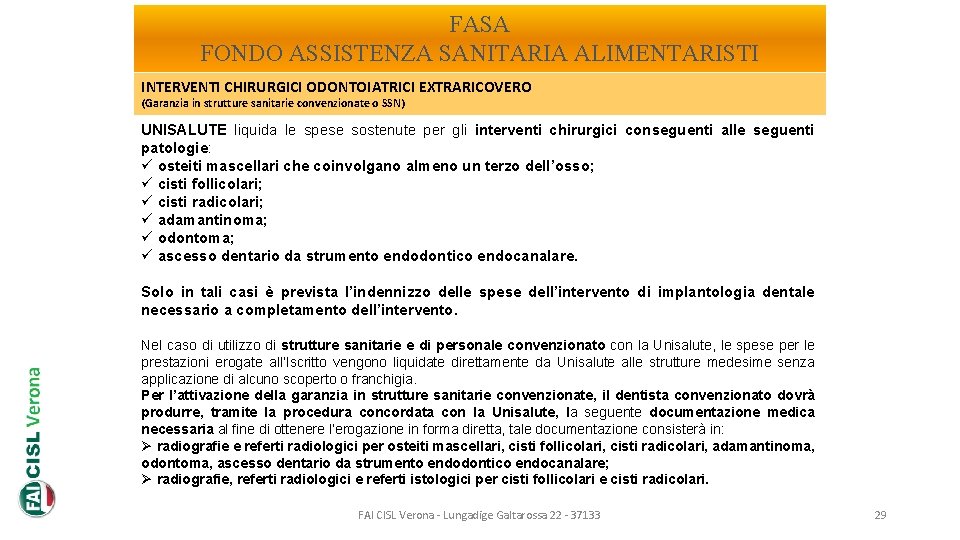 FASA FONDO ASSISTENZA SANITARIA ALIMENTARISTI INTERVENTI CHIRURGICI ODONTOIATRICI EXTRARICOVERO (Garanzia in strutture sanitarie convenzionate