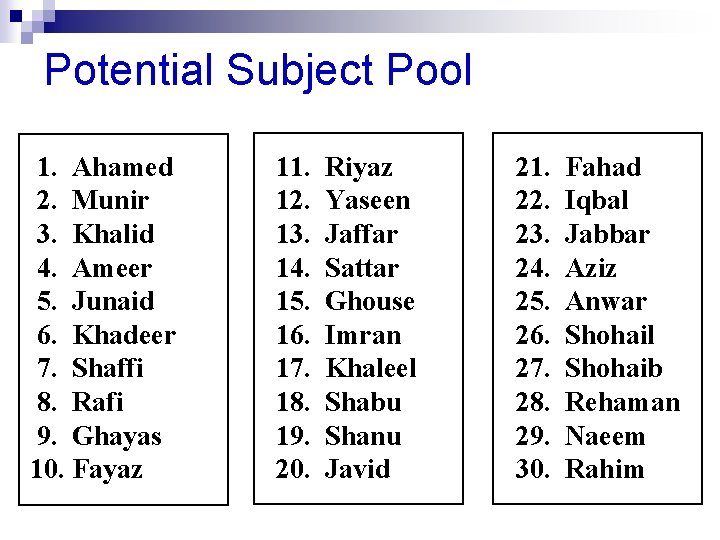 Potential Subject Pool 1. Ahamed 2. Munir 3. Khalid 4. Ameer 5. Junaid 6. Potential Subject Pool 1. Ahamed 2. Munir 3. Khalid 4. Ameer 5. Junaid 6.