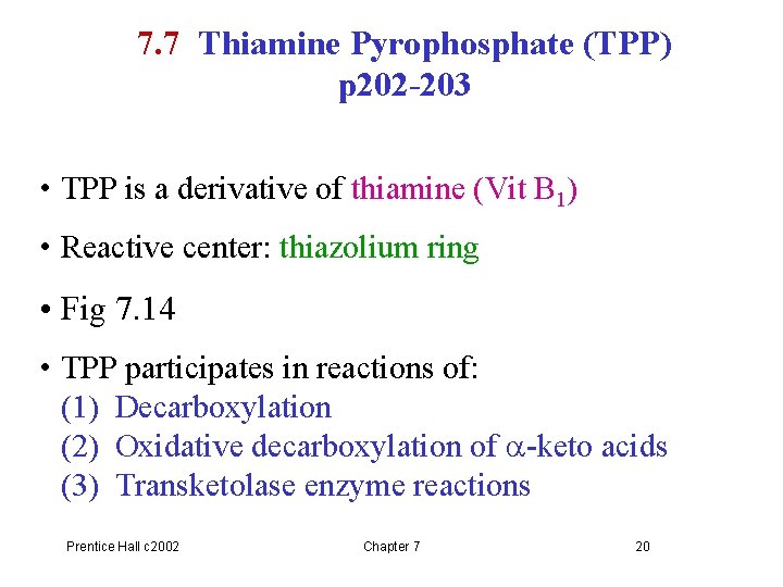 7. 7 Thiamine Pyrophosphate (TPP) p 202 -203 • TPP is a derivative of