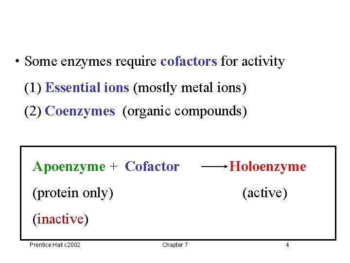  • Some enzymes require cofactors for activity (1) Essential ions (mostly metal ions)