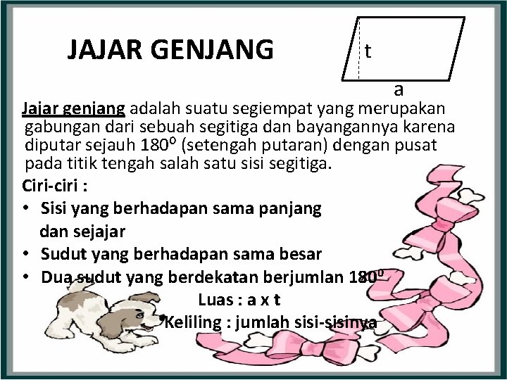 JAJAR GENJANG t a Jajar genjang adalah suatu segiempat yang merupakan gabungan dari sebuah