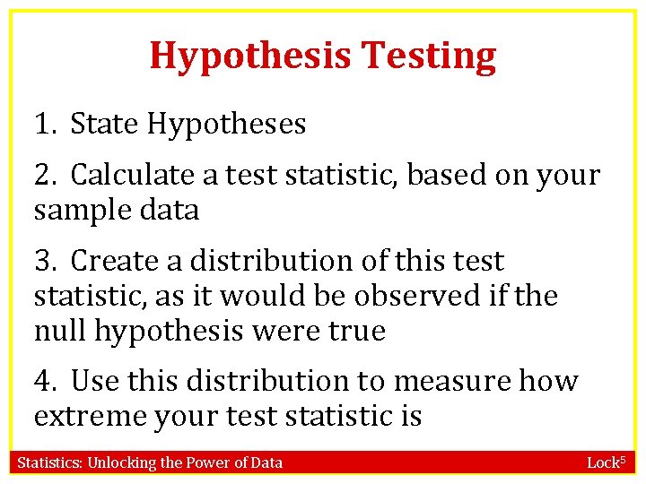 Hypothesis Testing 1. State Hypotheses 2. Calculate a test statistic, based on your sample