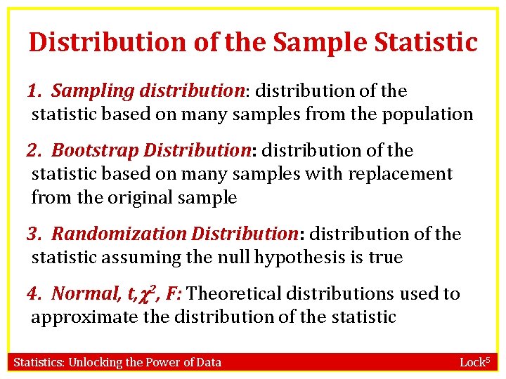 Distribution of the Sample Statistic 1. Sampling distribution: distribution of the statistic based on