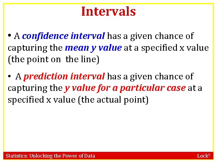 Intervals • A confidence interval has a given chance of capturing the mean y