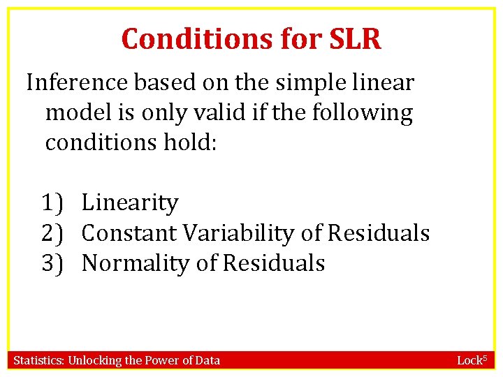 Conditions for SLR Inference based on the simple linear model is only valid if