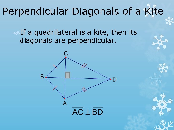 Perpendicular Diagonals of a Kite If a quadrilateral is a kite, then its diagonals