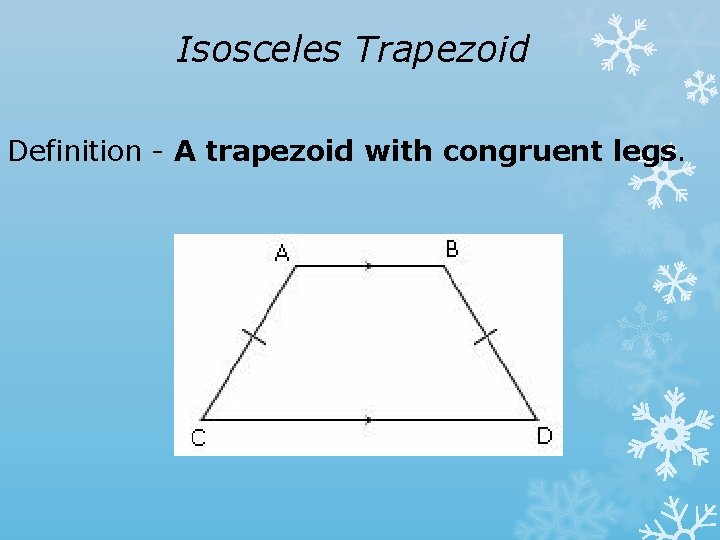 Isosceles Trapezoid Definition - A trapezoid with congruent legs. 