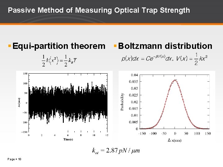Passive Method of Measuring Optical Trap Strength Equi-partition theorem Boltzmann distribution Page 18 