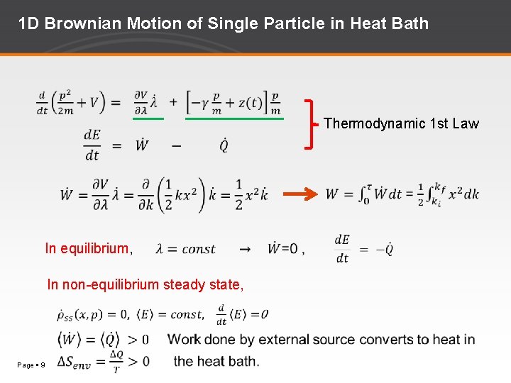 1 D Brownian Motion of Single Particle in Heat Bath Thermodynamic 1 st Law