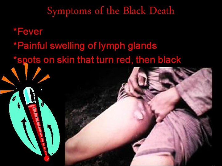 Symptoms of the Black Death *Fever *Painful swelling of lymph glands *spots on skin