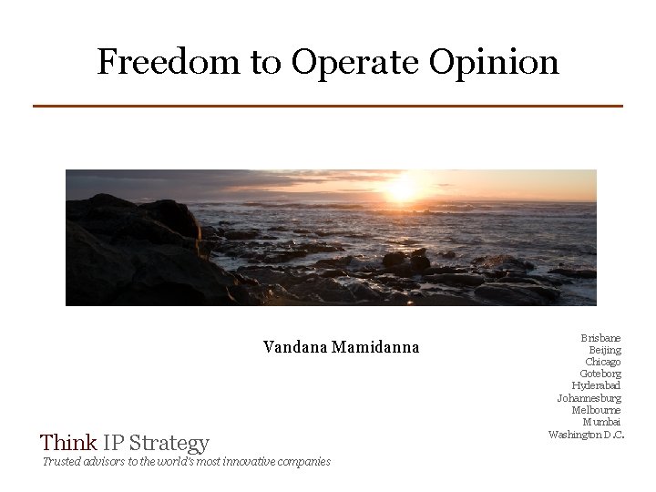 Freedom to Operate Opinion Vandana Mamidanna Think IP Strategy Trusted advisors to the world’s