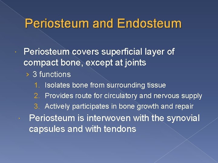 Periosteum and Endosteum Periosteum covers superficial layer of compact bone, except at joints ›