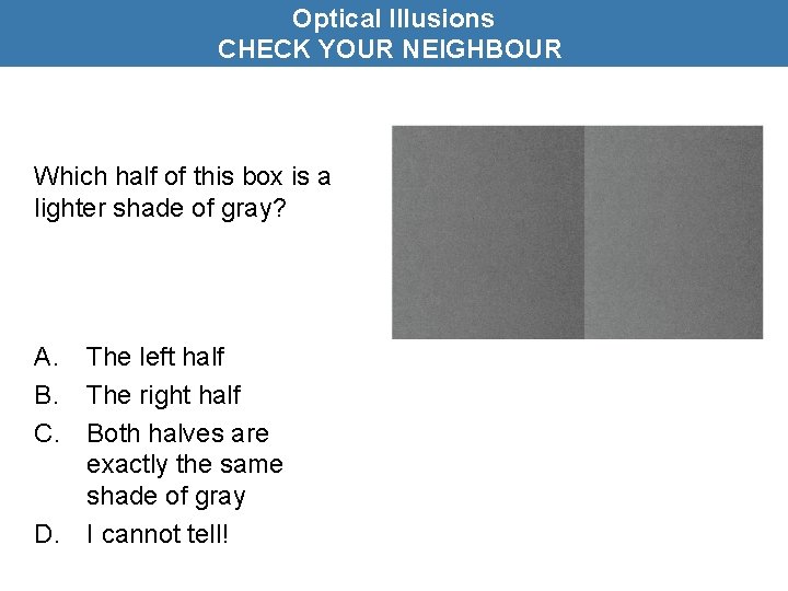 Optical Illusions CHECK YOUR NEIGHBOUR Which half of this box is a lighter shade