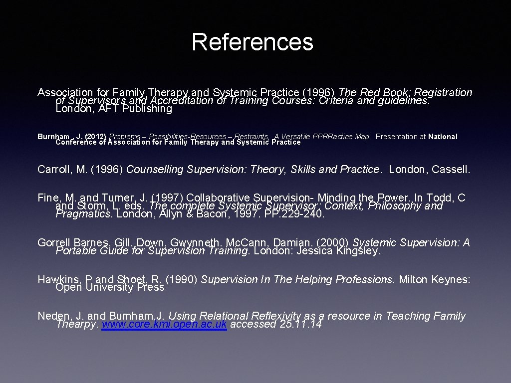 References Association for Family Therapy and Systemic Practice (1996) The Red Book: Registration of