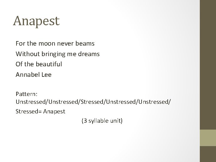 Anapest For the moon never beams Without bringing me dreams Of the beautiful Annabel