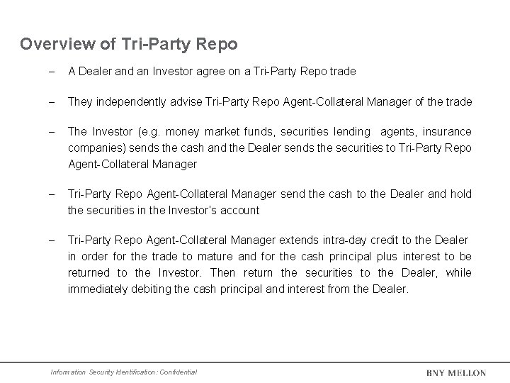 Overview of Tri-Party Repo A Dealer and an Investor agree on a Tri-Party Repo Overview of Tri-Party Repo A Dealer and an Investor agree on a Tri-Party Repo