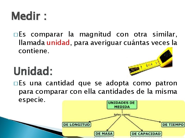 Medir : � Es comparar la magnitud con otra similar, llamada unidad, unidad para