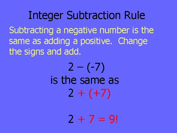 Integer Subtraction Rule Subtracting a negative number is the same as adding a positive.