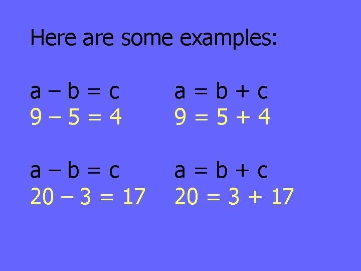 Here are some examples: a–b=c 9– 5=4 a=b+c 9=5+4 a–b=c 20 – 3 =