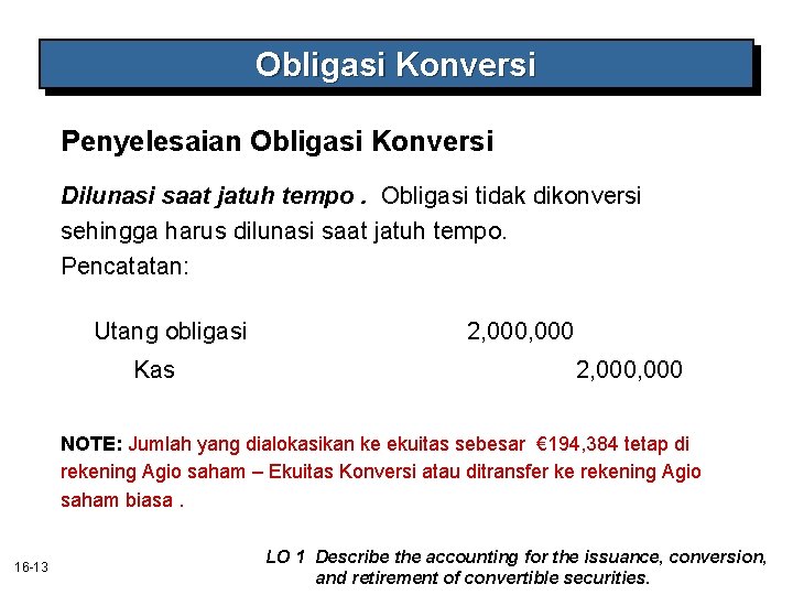 Obligasi Konversi Penyelesaian Obligasi Konversi Dilunasi saat jatuh tempo. Obligasi tidak dikonversi sehingga harus Obligasi Konversi Penyelesaian Obligasi Konversi Dilunasi saat jatuh tempo. Obligasi tidak dikonversi sehingga harus