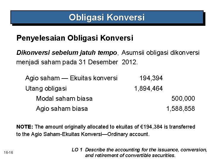 Obligasi Konversi Penyelesaian Obligasi Konversi Dikonversi sebelum jatuh tempo. Asumsii obligasi dikonversi menjadi saham Obligasi Konversi Penyelesaian Obligasi Konversi Dikonversi sebelum jatuh tempo. Asumsii obligasi dikonversi menjadi saham