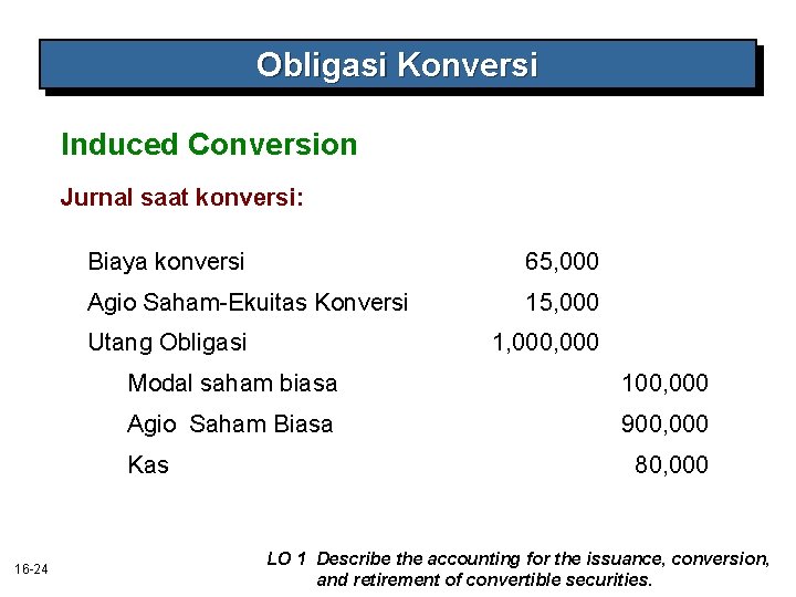 Obligasi Konversi Induced Conversion Jurnal saat konversi: Biaya konversi 65, 000 Agio Saham-Ekuitas Konversi Obligasi Konversi Induced Conversion Jurnal saat konversi: Biaya konversi 65, 000 Agio Saham-Ekuitas Konversi