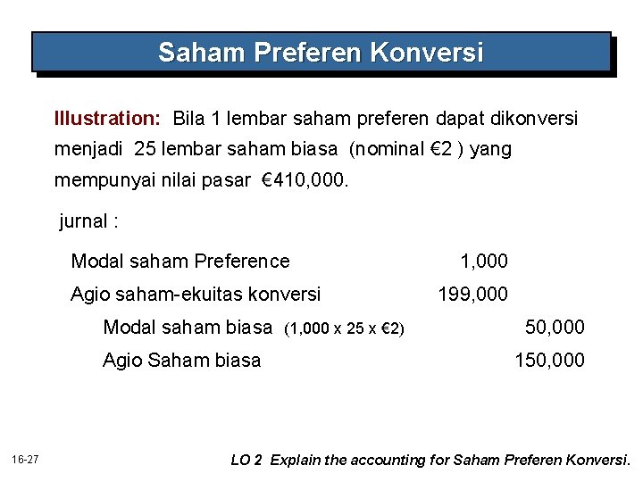 Saham Preferen Konversi Illustration: Bila 1 lembar saham preferen dapat dikonversi menjadi 25 lembar Saham Preferen Konversi Illustration: Bila 1 lembar saham preferen dapat dikonversi menjadi 25 lembar