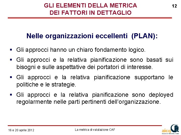 GLI ELEMENTI DELLA METRICA DEI FATTORI IN DETTAGLIO 12 Nelle organizzazioni eccellenti (PLAN): Gli