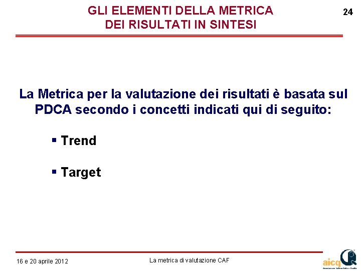 GLI ELEMENTI DELLA METRICA DEI RISULTATI IN SINTESI 24 La Metrica per la valutazione