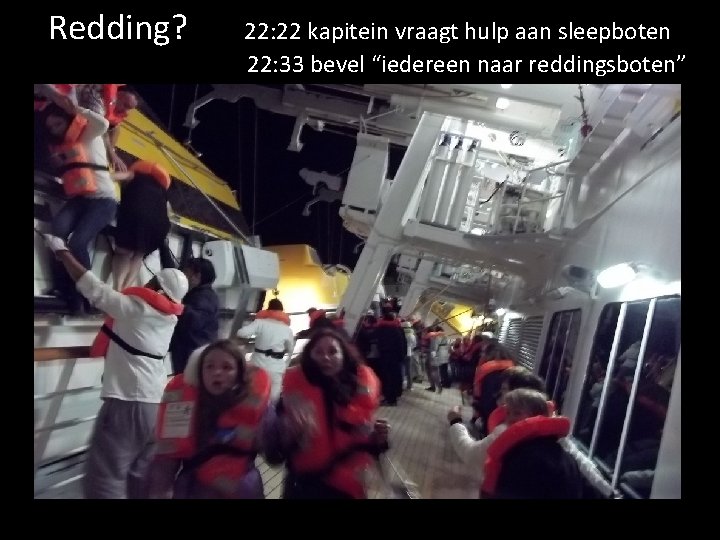 Redding? 22: 22 kapitein vraagt hulp aan sleepboten 22: 33 bevel “iedereen naar reddingsboten”
