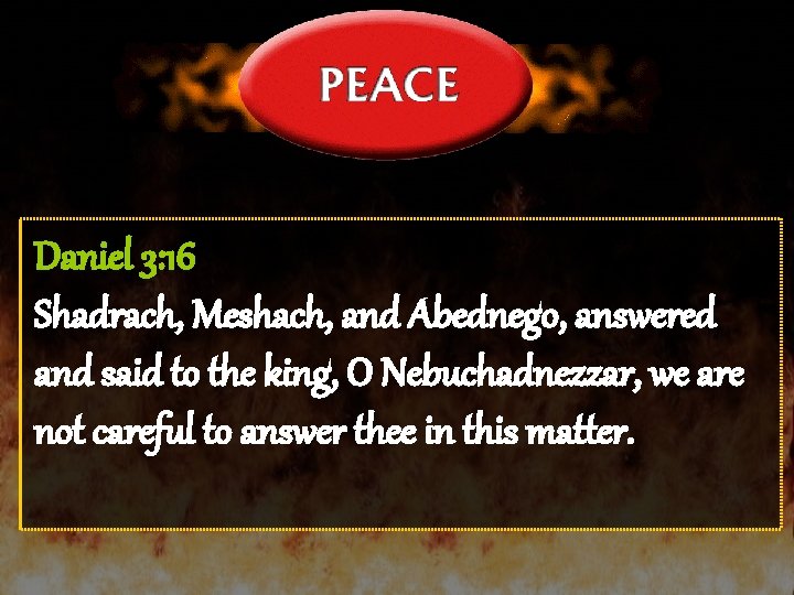 Daniel 3: 16 Shadrach, Meshach, and Abednego, answered and said to the king, O