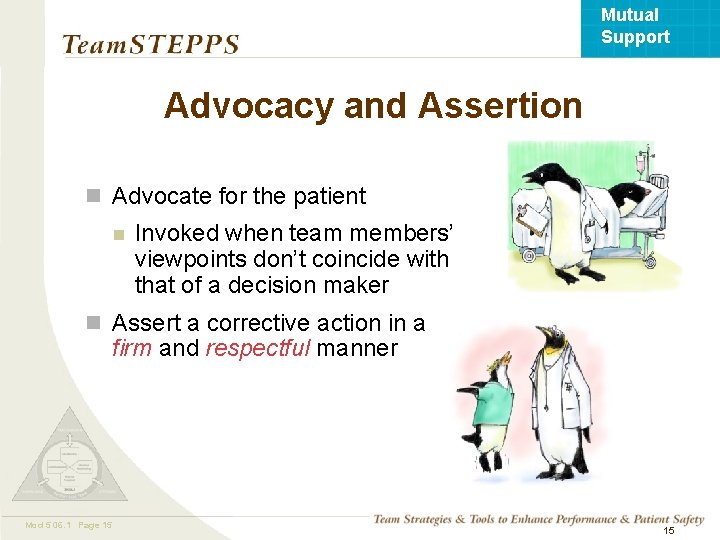 Mutual Support Advocacy and Assertion n Advocate for the patient n Invoked when team