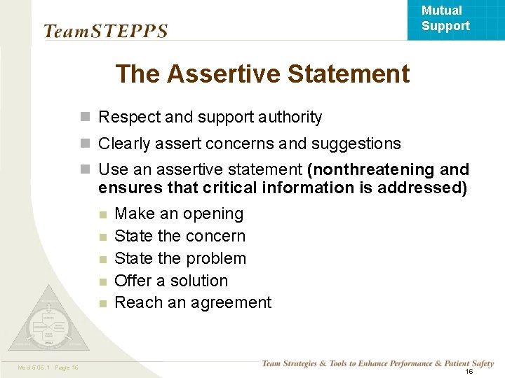 Mutual Support The Assertive Statement n Respect and support authority n Clearly assert concerns