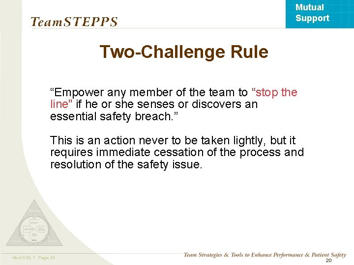 Mutual Support Two-Challenge Rule “Empower any member of the team to “stop the line”