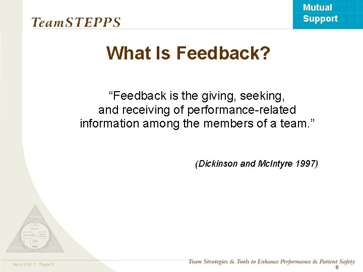 Mutual Support What Is Feedback? “Feedback is the giving, seeking, and receiving of performance-related