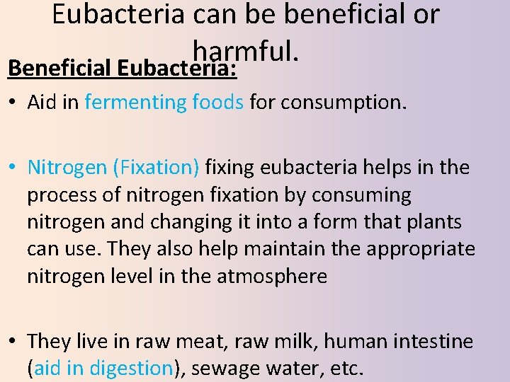 Eubacteria can be beneficial or harmful. Beneficial Eubacteria: • Aid in fermenting foods for