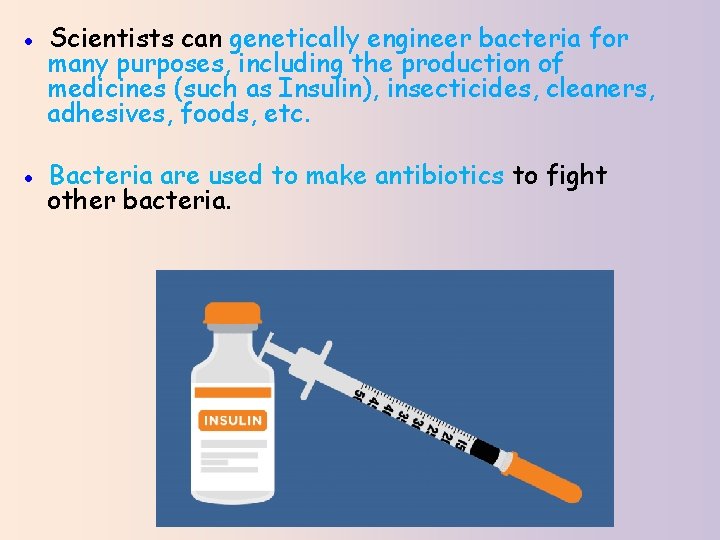 ● Scientists can genetically engineer bacteria for many purposes, including the production of medicines