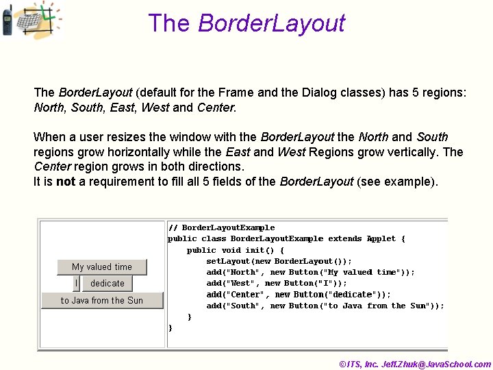 The Border. Layout (default for the Frame and the Dialog classes) has 5 regions: