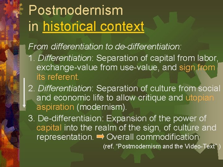 Postmodernism in historical context From differentiation to de-differentiation: 1. Differentiation: Separation of capital from